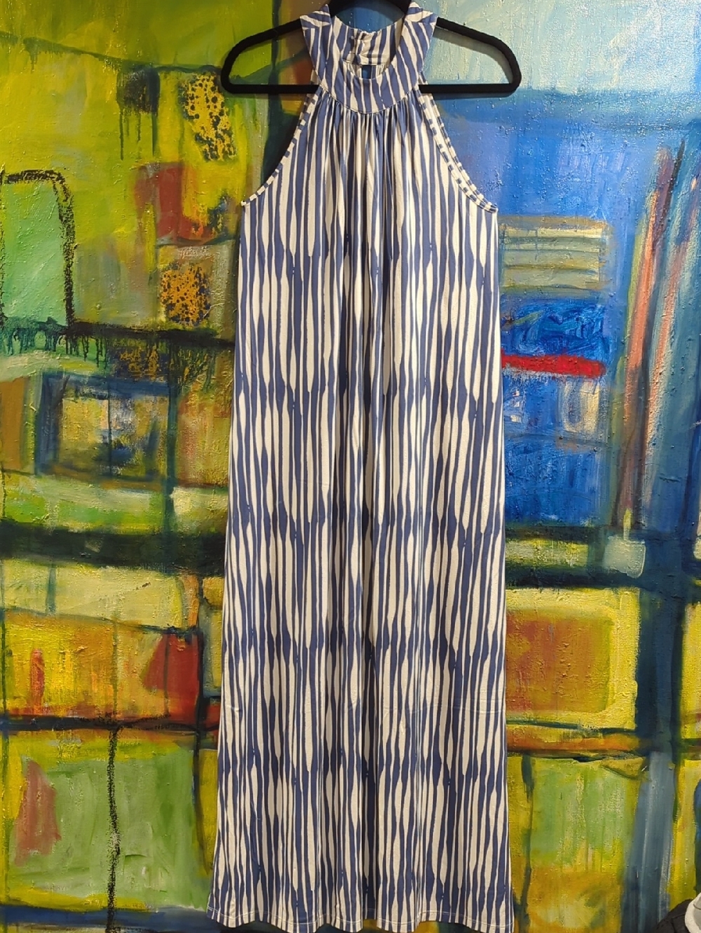 Omi Jo Well Dressed Wolf blue stripe yoke maxi dress Size Small